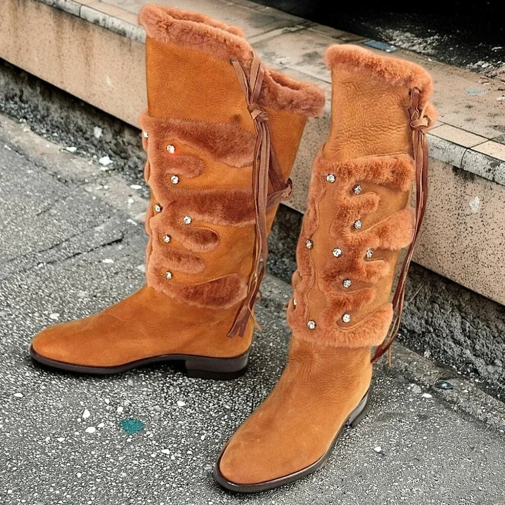 Russell & Bromley Rust Brown Leather Shearling Stud Accent Tall Boot, Size 36.5